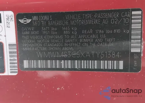 2010 Mini Cooper S from USA, damaged, VIN WMWMS3C5XATY51384